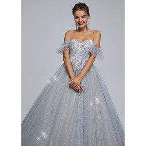 NEW Beautiful Bling Rhinestone Silver Cinderella Prom Dress Quincenera G…